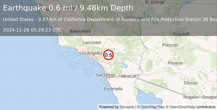 Earthquake 2 km E of Beaumont, CA (0.6 ml) (2024-11-26 05:29:23 UTC)