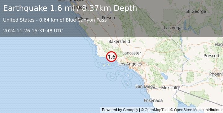 Earthquake 8 km NE of Montecito, CA (1.6 ml) (2024-11-26 15:31:48 UTC)