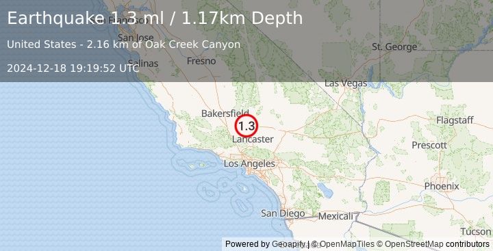 Earthquake 14 km SE of Tehachapi, CA (1.3 ml) (2024-12-18 19:19:52 UTC)