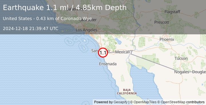 Earthquake 8 km ESE of Chula Vista, CA (1.1 ml) (2024-12-18 21:39:47 UTC)