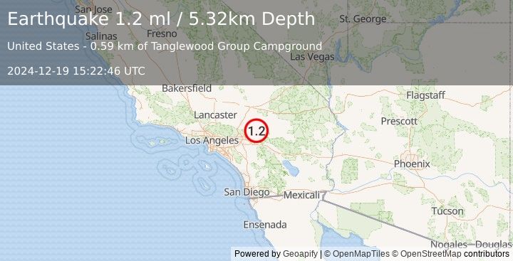 Earthquake 4 km NNW of Big Bear City, CA (1.2 ml) (2024-12-19 15:22:46 UTC)