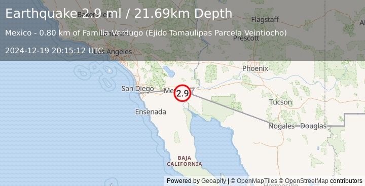 Earthquake 12 km E of Puebla, B.C., MX (2.8 ml) (2024-12-19 20:15:13 UTC)