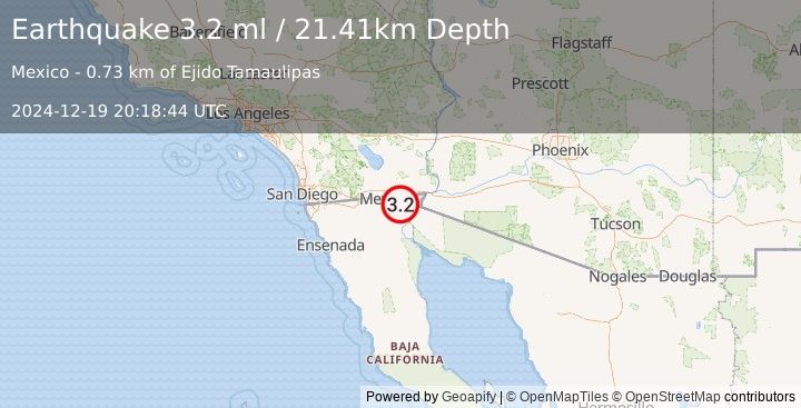 Earthquake 12 km E of Puebla, B.C., MX (3.2 ml) (2024-12-19 20:18:44 UTC)