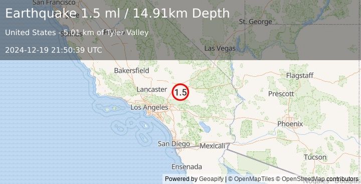 Earthquake 19 km NNE of Lucerne Valley, CA (1.5 ml) (2024-12-19 21:50:39 UTC)