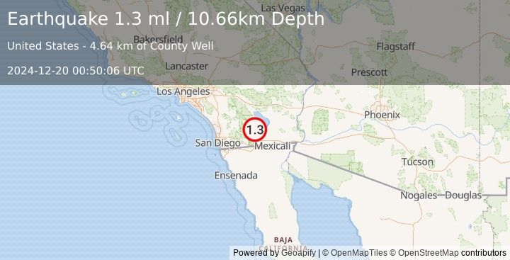 Earthquake 16 km SE of Ocotillo Wells, CA (1.3 ml) (2024-12-20 00:50:06 UTC)