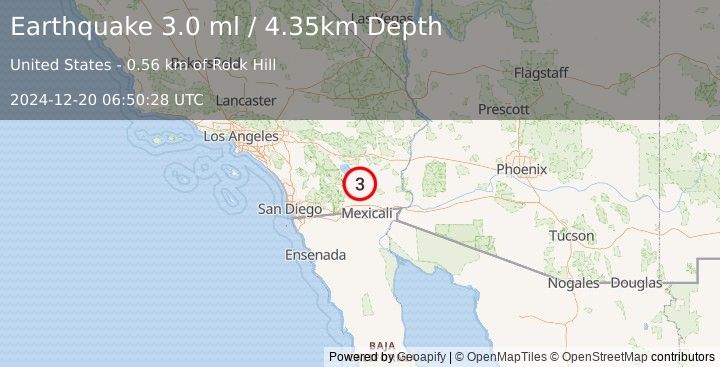 Earthquake 12 km WNW of Calipatria, CA (3.0 ml) (2024-12-20 06:50:28 UTC)