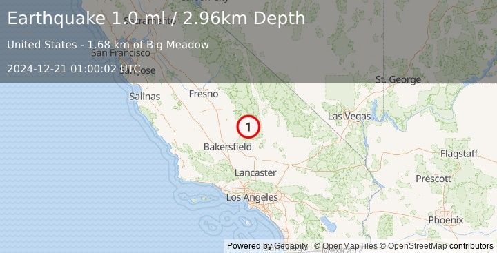 Earthquake 17 km NNE of Kernville, CA (1.0 ml) (2024-12-21 01:00:02 UTC)