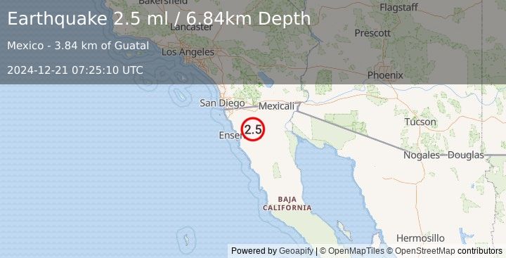 Earthquake 43 km ENE of Ensenada, B.C., MX (2.5 ml) (2024-12-21 07:25:11 UTC)