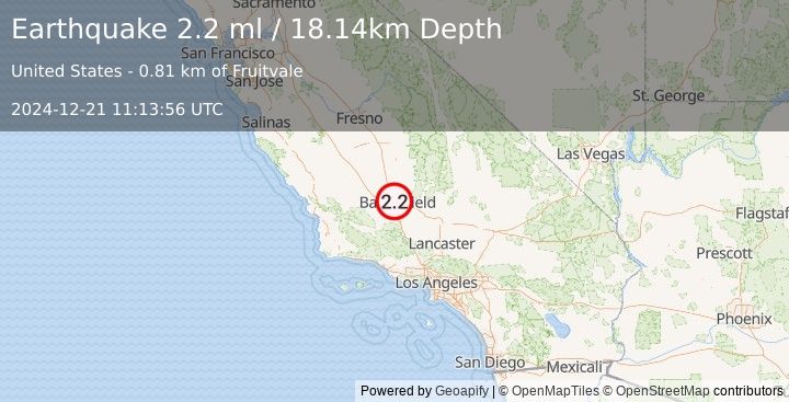 Earthquake 6 km NW of Bakersfield, CA (2.2 ml) (2024-12-21 11:13:56 UTC)