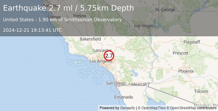 Earthquake 4 km NW of Wrightwood, CA (2.7 ml) (2024-12-21 19:13:41 UTC)