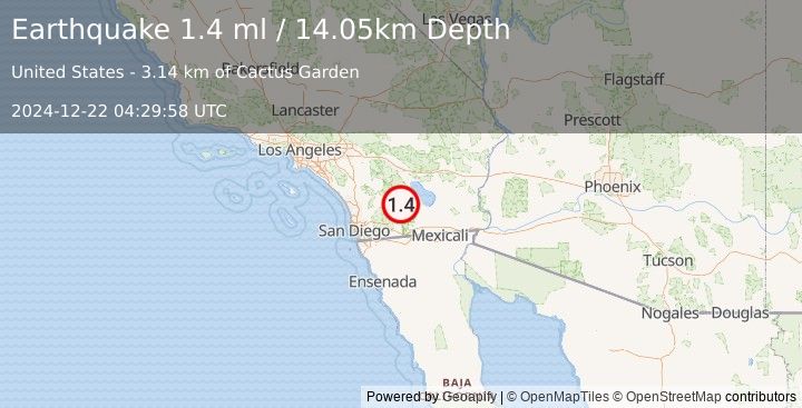 Earthquake 6 km NW of Ocotillo Wells, CA (1.1 ml) (2024-12-22 04:29:57 UTC)