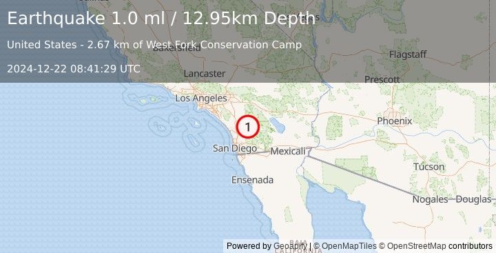 Earthquake 6 km NNE of Lake Henshaw, CA (1.0 ml) (2024-12-22 08:41:29 UTC)