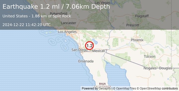 Earthquake 19 km SW of Ocotillo Wells, CA (1.2 ml) (2024-12-22 11:42:20 UTC)