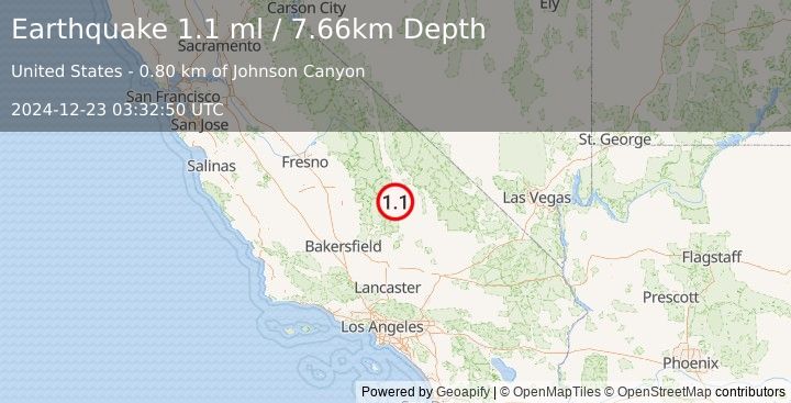 Earthquake 6 km NNW of Coso Junction, CA (1.1 ml) (2024-12-23 03:32:50 UTC)