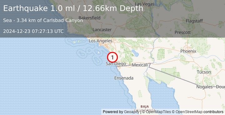 Earthquake 11 km WNW of Encinitas, CA (1.0 ml) (2024-12-23 07:27:13 UTC)