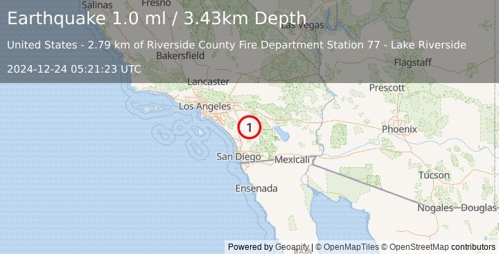 Earthquake 9 km NE of Aguanga, CA (0.8 ml) (2024-12-24 05:21:24 UTC)