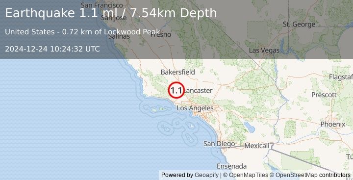 Earthquake 17 km SSE of Pine Mountain Club, CA (1.1 ml) (2024-12-24 10:24:32 UTC)