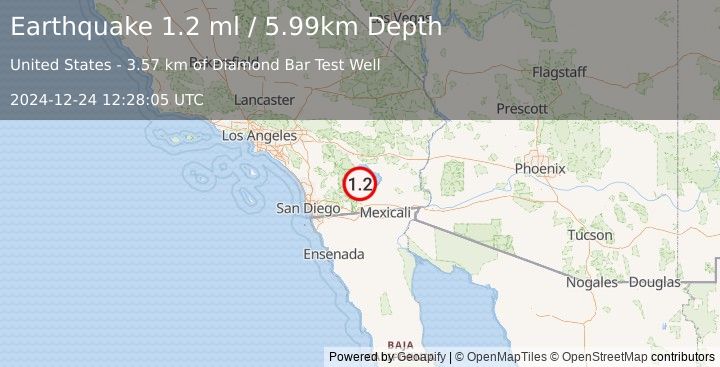 Earthquake 10 km ENE of Ocotillo Wells, CA (1.2 ml) (2024-12-24 12:28:05 UTC)