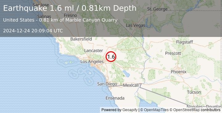 Earthquake 10 km NNW of Big Bear City, CA (1.6 ml) (2024-12-24 20:09:04 UTC)