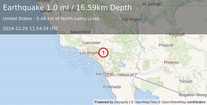 Earthquake 2 km NNE of Loma Linda, CA (1.0 ml) (2024-12-25 11:54:34 UTC)