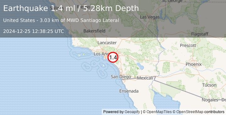 Earthquake 9 km ENE of Villa Park, CA (1.4 ml) (2024-12-25 12:38:25 UTC)