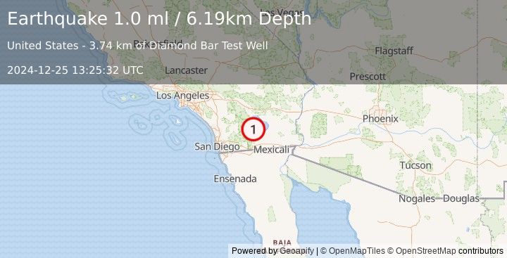 Earthquake 10 km ENE of Ocotillo Wells, CA (1.0 ml) (2024-12-25 13:25:32 UTC)