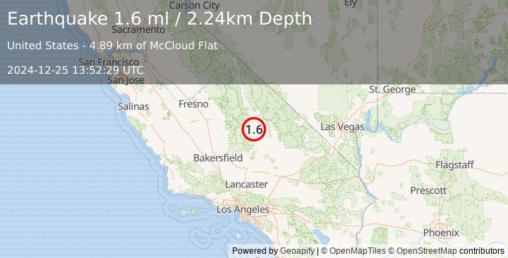 Earthquake 8 km NE of Coso Junction, CA (1.6 ml) (2024-12-25 13:52:29 UTC)