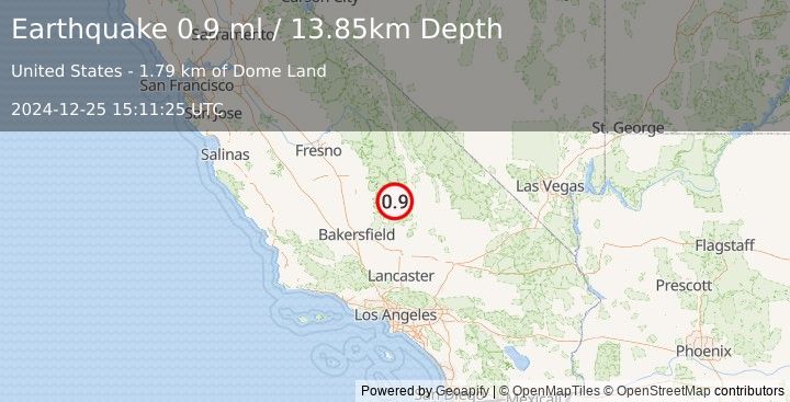 Earthquake 24 km NE of Kernville, CA (0.9 ml) (2024-12-25 15:11:25 UTC)