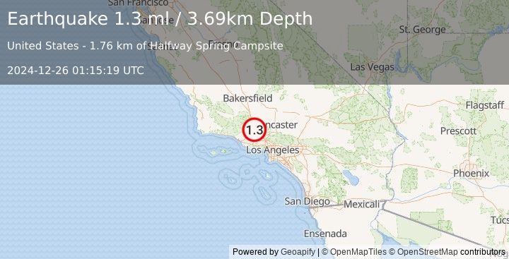 Earthquake 17 km N of Piru, CA (1.3 ml) (2024-12-26 01:15:19 UTC)