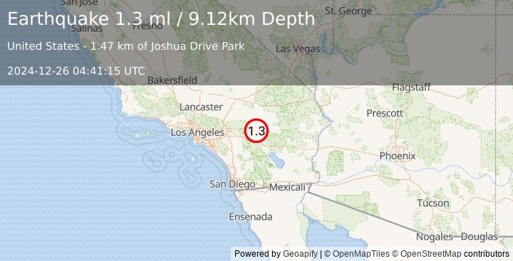 Earthquake 3 km SSE of Yucca Valley, CA (1.3 ml) (2024-12-26 04:41:15 UTC)