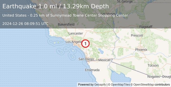 Earthquake 1 km S of Moreno Valley, CA (1.0 ml) (2024-12-26 08:09:51 UTC)