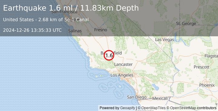 Earthquake 19 km S of Rosedale, CA (1.6 ml) (2024-12-26 13:35:33 UTC)