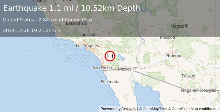 Earthquake 15 km N of Warner Springs, CA (1.1 ml) (2024-12-26 19:21:25 UTC)