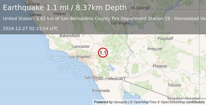 Earthquake 22 km N of Yucca Valley, CA (1.1 ml) (2024-12-27 02:33:54 UTC)