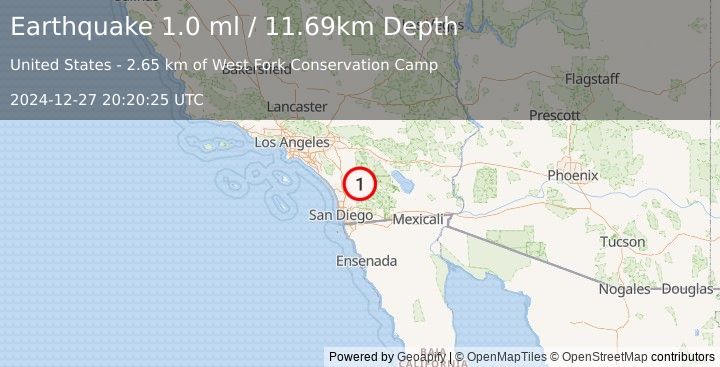 Earthquake 6 km NNE of Lake Henshaw, CA (1.0 ml) (2024-12-27 20:20:25 UTC)