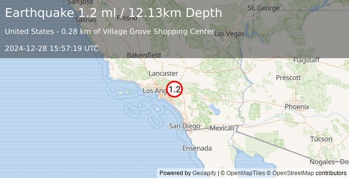 Earthquake 2 km ENE of Upland, CA (1.2 ml) (2024-12-28 15:57:19 UTC)