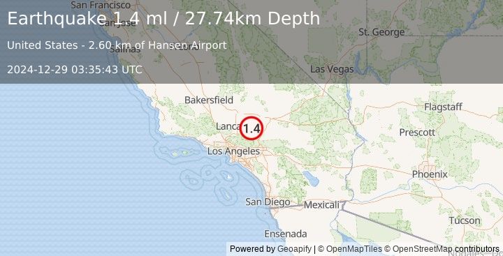 Earthquake 14 km ENE of Lake Los Angeles, CA (1.4 ml) (2024-12-29 03:35:43 UTC)