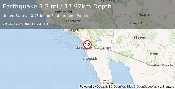 Earthquake 10 km SSW of San Diego Country Estates, CA (1.3 ml) (2024-12-29 04:37:24 UTC)