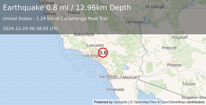 Earthquake 6 km WSW of Lytle Creek, CA (0.8 ml) (2024-12-29 06:38:05 UTC)