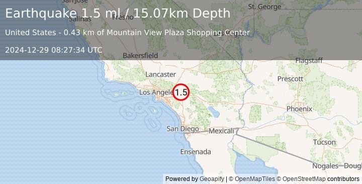 Earthquake 2 km ENE of Loma Linda, CA (1.5 ml) (2024-12-29 08:27:34 UTC)