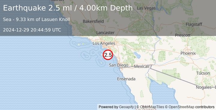 Earthquake 27 km WSW of Dana Point, CA (2.5 ml) (2024-12-29 20:44:59 UTC)