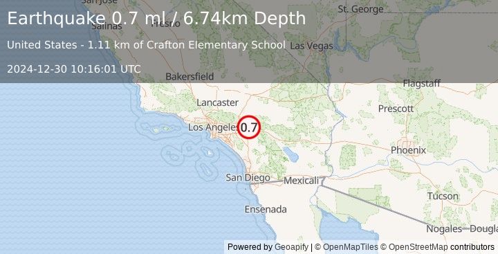 Earthquake 2 km S of Mentone, CA (0.7 ml) (2024-12-30 10:16:01 UTC)