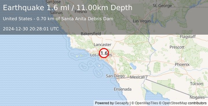 Earthquake 3 km NW of Monrovia, CA (1.6 ml) (2024-12-30 20:28:01 UTC)