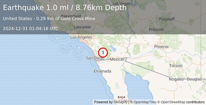 Earthquake 4 km ESE of Julian, CA (1.0 ml) (2024-12-31 01:04:16 UTC)