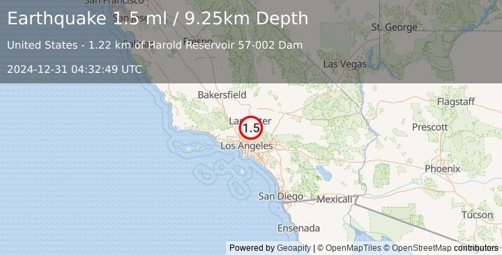 Earthquake 2 km NNE of Vincent, CA (1.5 ml) (2024-12-31 04:32:49 UTC)