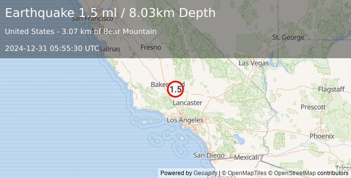 Earthquake 14 km E of Arvin, CA (1.5 ml) (2024-12-31 05:55:30 UTC)