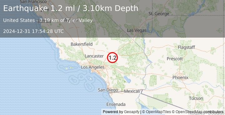 Earthquake 21 km NNE of Lucerne Valley, CA (1.2 ml) (2024-12-31 17:54:28 UTC)