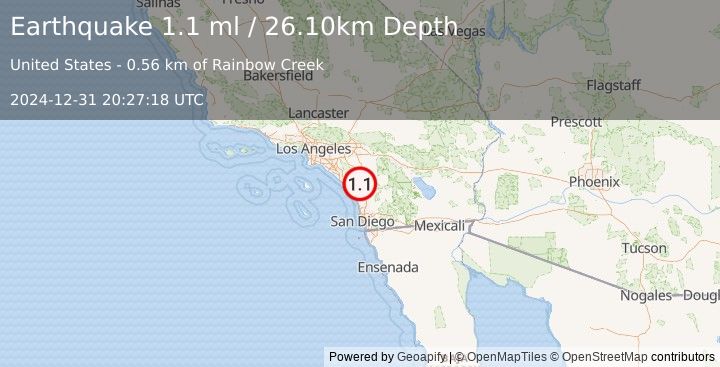 Earthquake 4 km NE of Fallbrook, CA (1.1 ml) (2024-12-31 20:27:18 UTC)