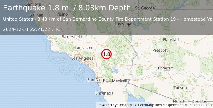 Earthquake 22 km N of Yucca Valley, CA (1.8 ml) (2024-12-31 22:21:22 UTC)