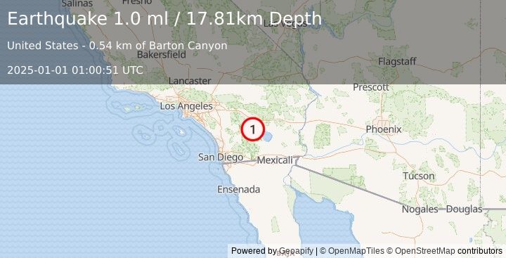 Earthquake 6 km WSW of Oasis, CA (1.0 ml) (2025-01-01 01:00:51 UTC)